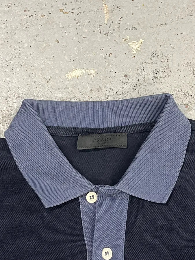 SS2014 Prada Navy Cotton Contrast Collar Longsleeve Polo UKcLJtL 7