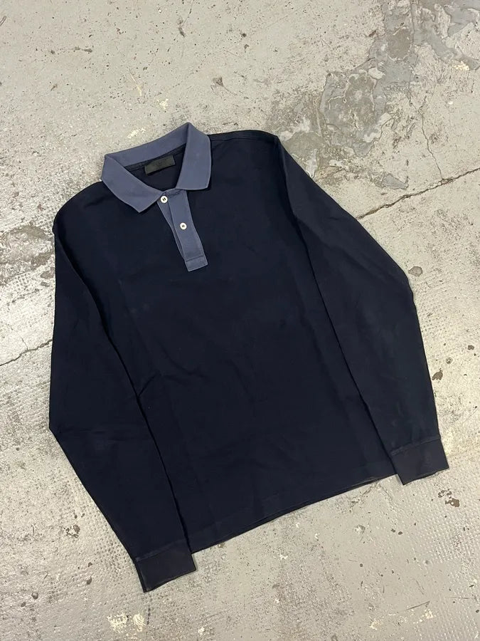 SS2014 Prada Navy Cotton Contrast Collar Longsleeve Polo UKcLJtL 4