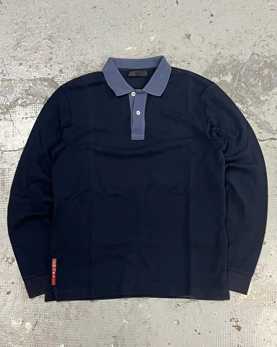 SS2014 Prada Navy Cotton Contrast Collar Longsleeve Polo UKcLJtL 0