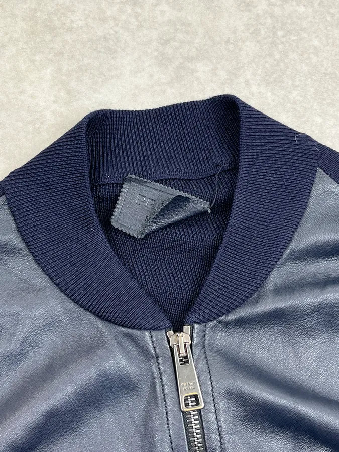 SS2014 Prada Navy Leather Contrast Bomber Jacket mWPAWBT 9