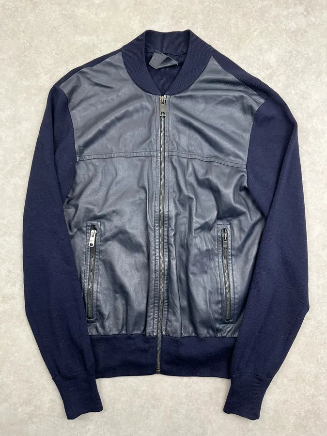 SS2014 Prada Navy Leather Contrast Bomber Jacket mWPAWBT 0