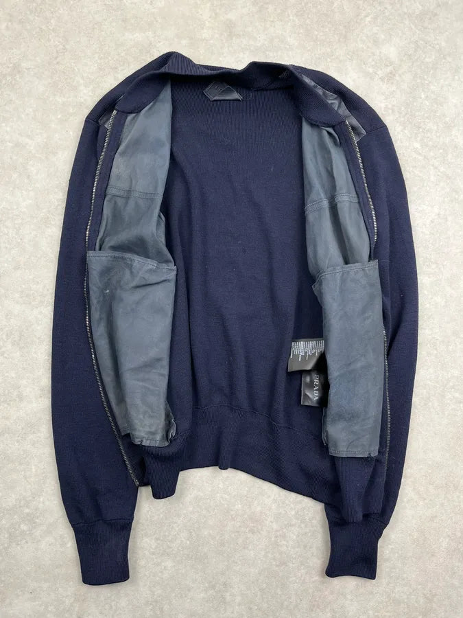 SS2014 Prada Navy Leather Contrast Bomber Jacket mWPAWBT 3