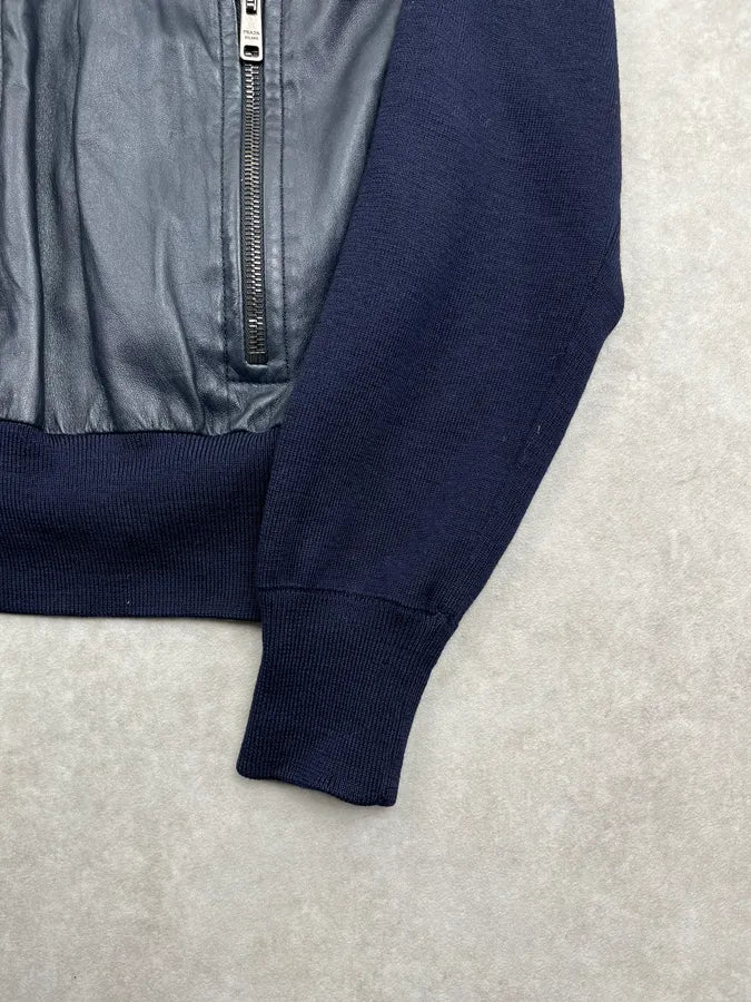 SS2014 Prada Navy Leather Contrast Bomber Jacket mWPAWBT 7