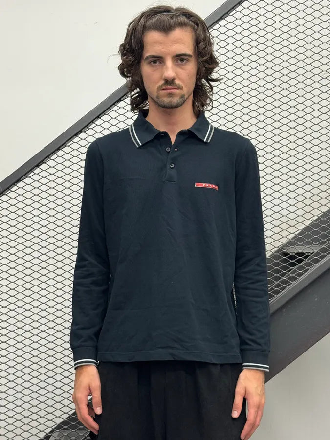 SS2010 Prada Navy Logo Striped Collar Longsleeve Polo DdlhmFv 1