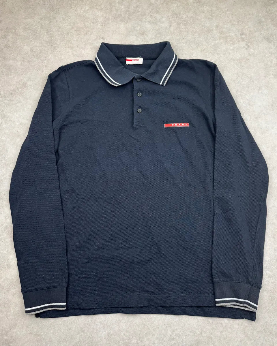 SS2010 Prada Navy Logo Striped Collar Longsleeve Polo DdlhmFv 0