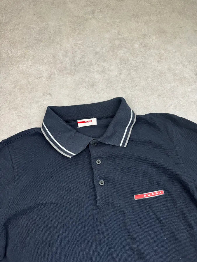 SS2010 Prada Navy Logo Striped Collar Longsleeve Polo DdlhmFv 4