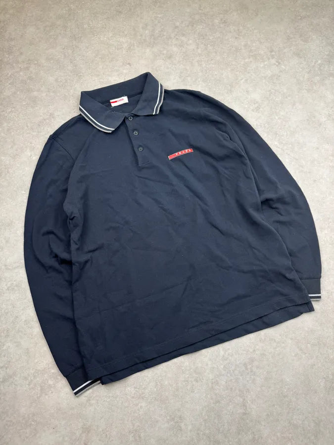SS2010 Prada Navy Logo Striped Collar Longsleeve Polo DdlhmFv 3