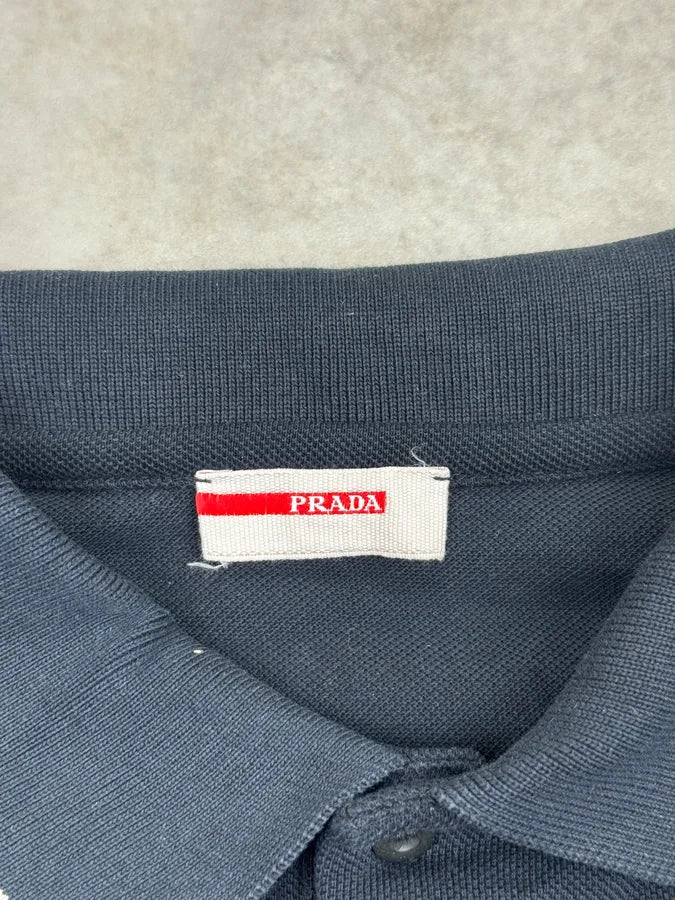 SS2010 Prada Navy Logo Striped Collar Longsleeve Polo DdlhmFv 7