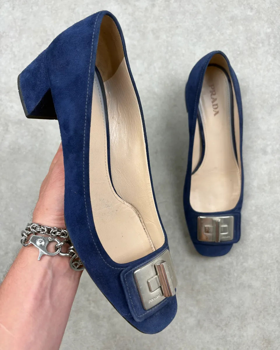 Prada Navy Suede Metal Buckle Heels sqmRvMC 0
