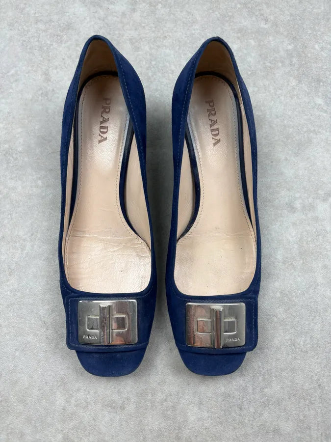 Prada Navy Suede Metal Buckle Heels sqmRvMC 1