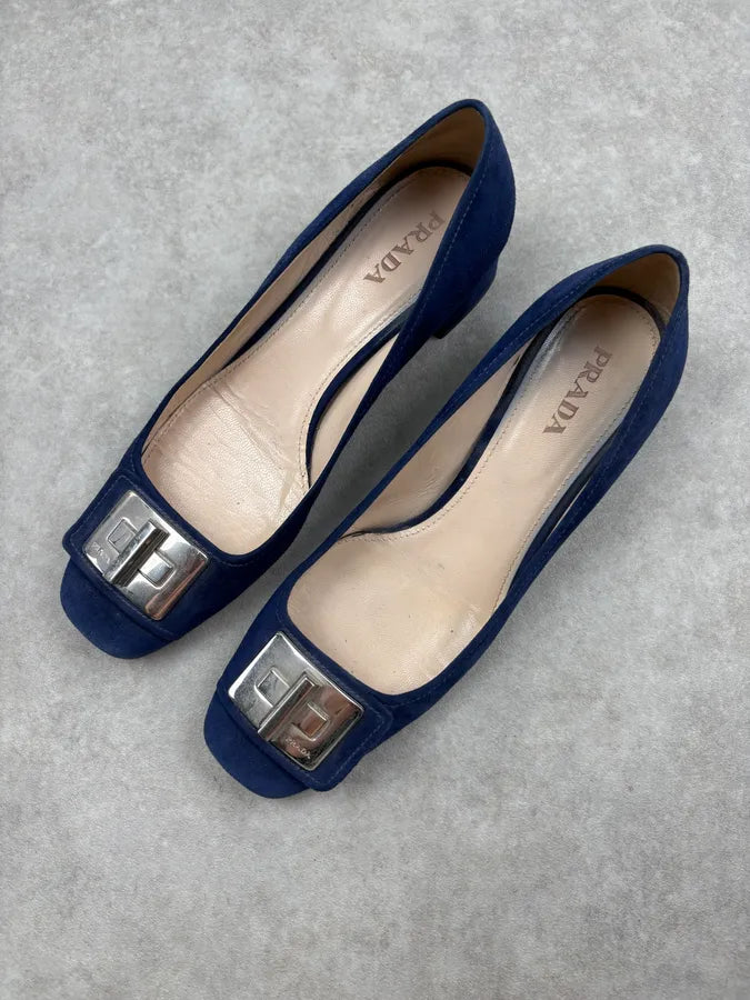Prada Navy Suede Metal Buckle Heels sqmRvMC 2