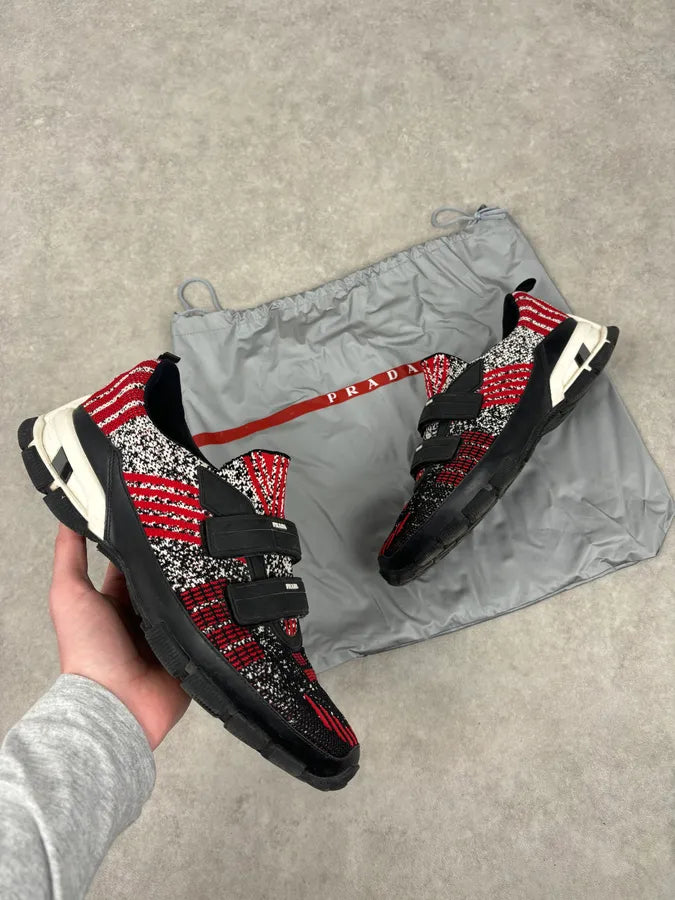 SS2018 Prada Red Black Knit Jacquard Low-Top Sneakers YGeczJv 0