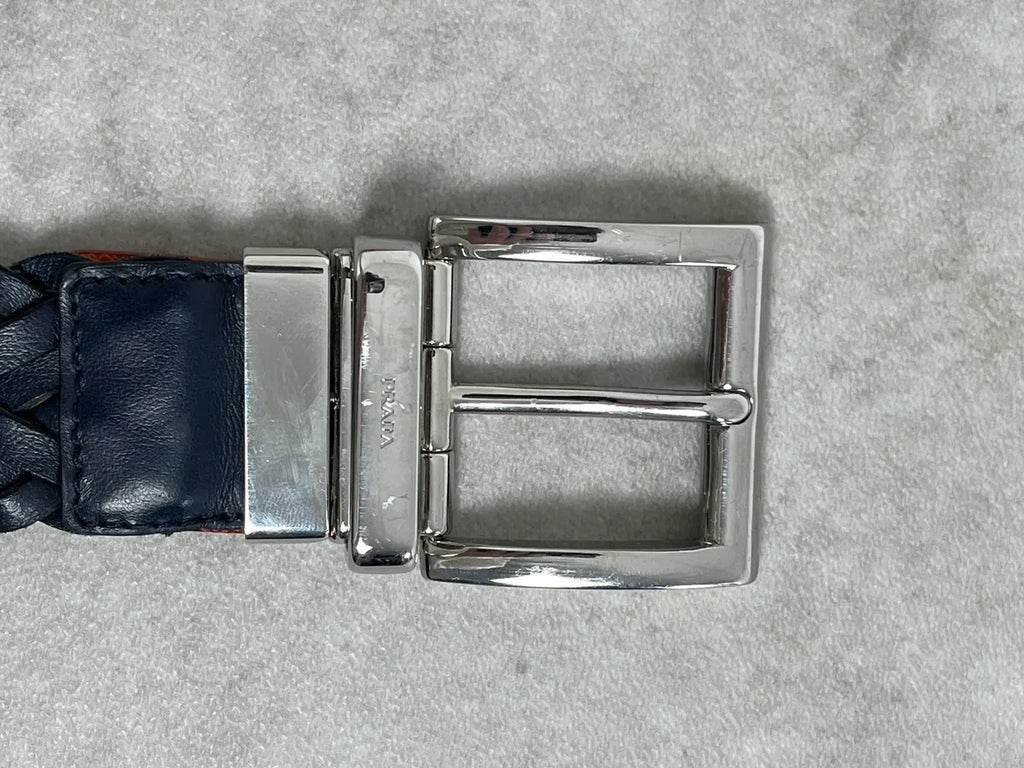 Prada Reversible Navy & Orange Woven Premium Leather Belt hXUeDhY 8