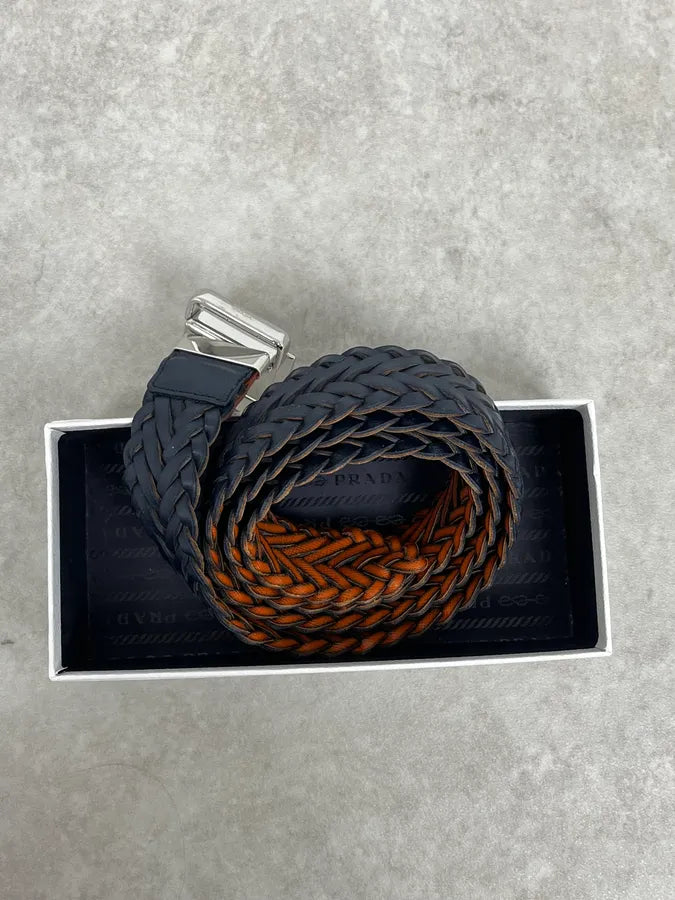 Prada Reversible Navy & Orange Woven Premium Leather Belt hXUeDhY 7