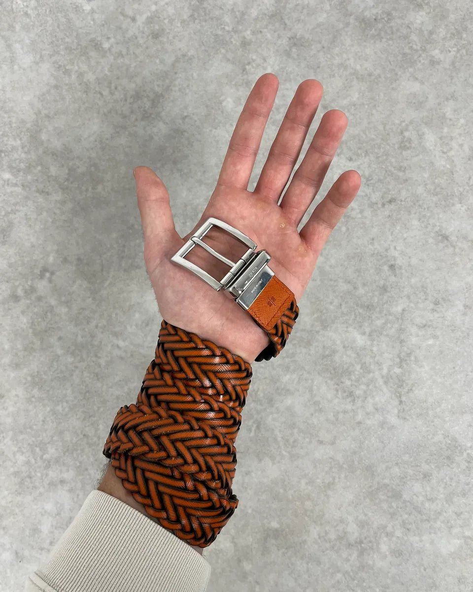Prada Reversible Navy & Orange Woven Premium Leather Belt hXUeDhY 0