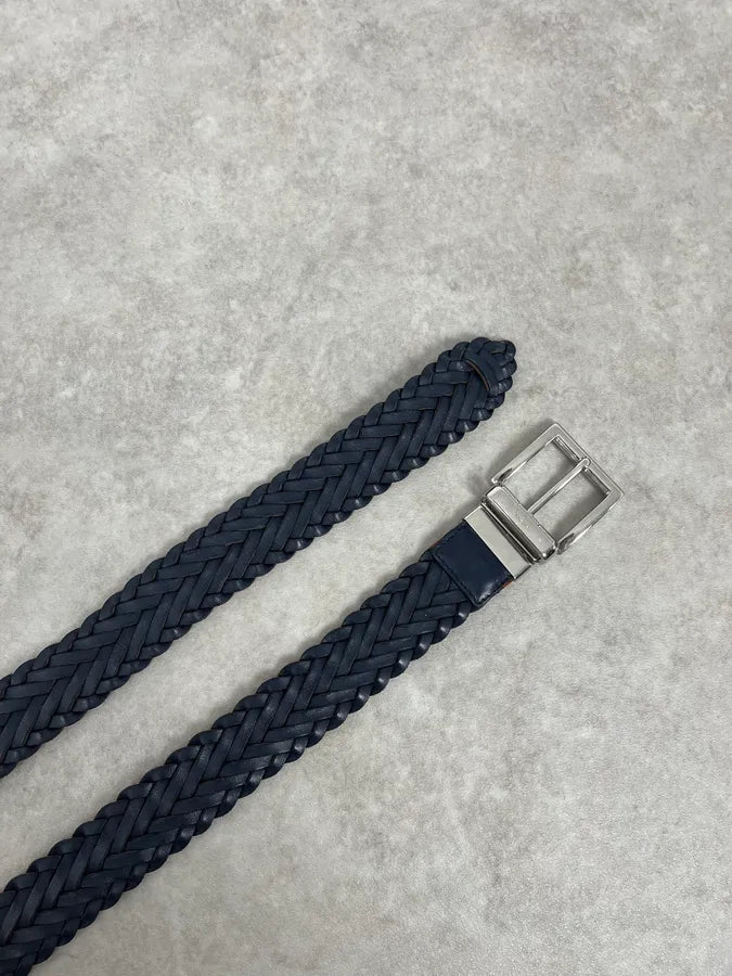 Prada Reversible Navy & Orange Woven Premium Leather Belt hXUeDhY 5