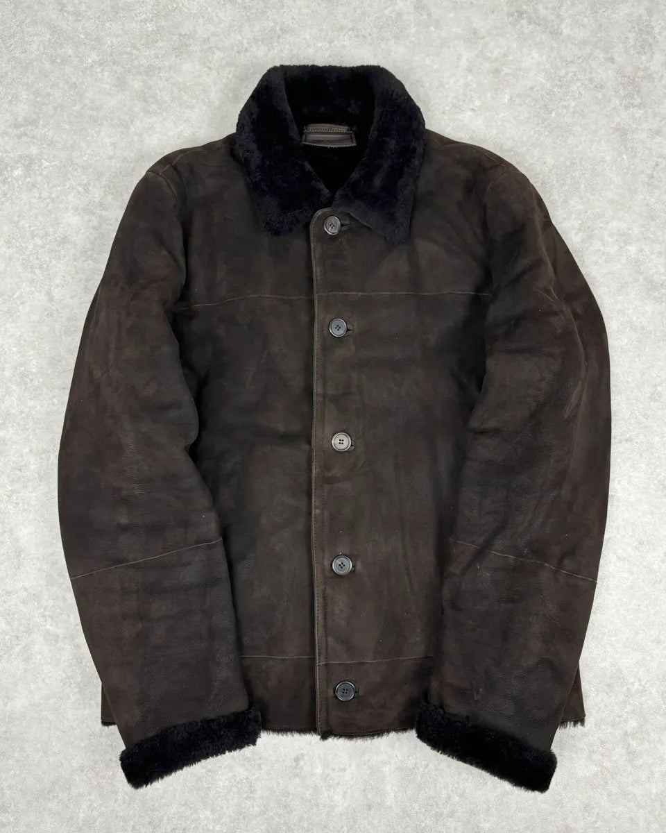 AW2012 Prada Dark Brown Shearling Leather Jacket TMYsWGD 0