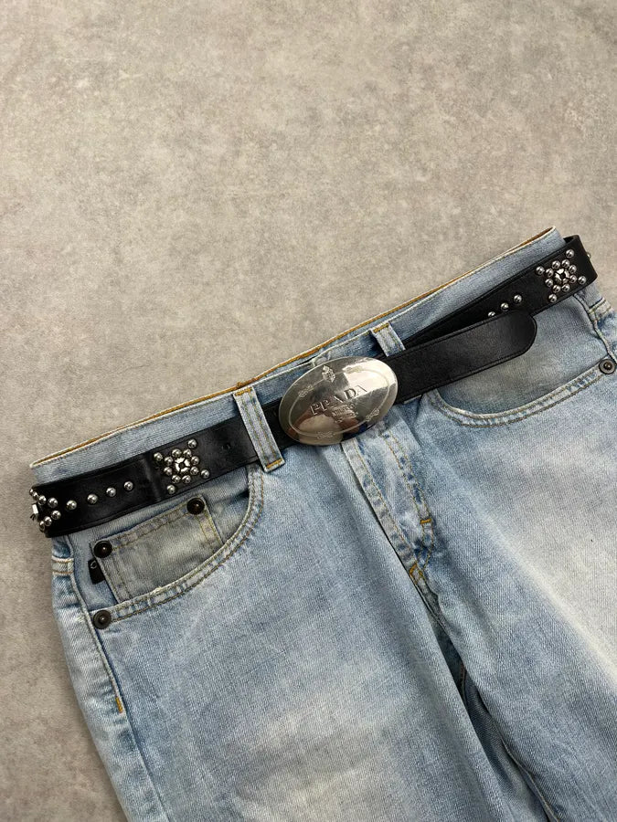 Prada Studded Logo Buckle Black Leather Belt reyebUO 0