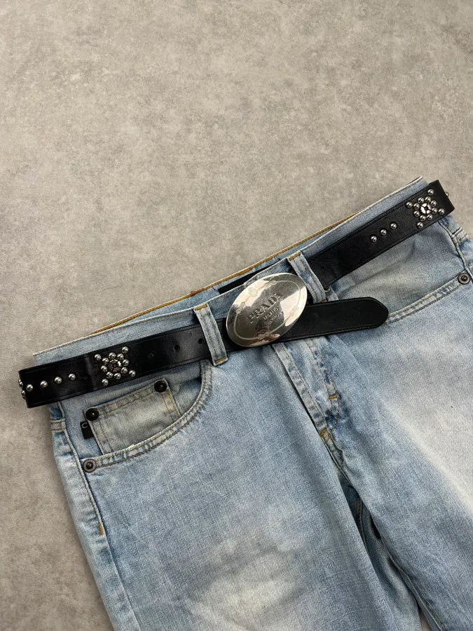 Prada Studded Logo Buckle Black Leather Belt reyebUO 1
