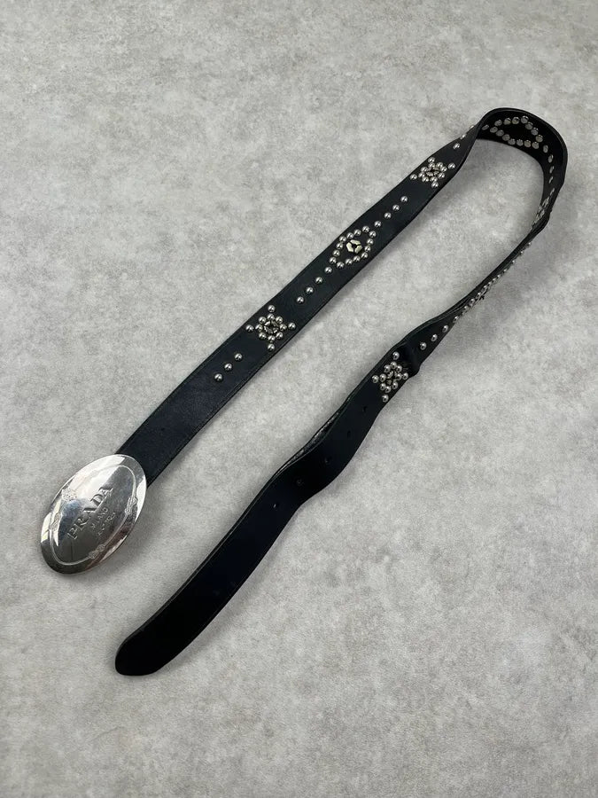 Prada Studded Logo Buckle Black Leather Belt reyebUO 3