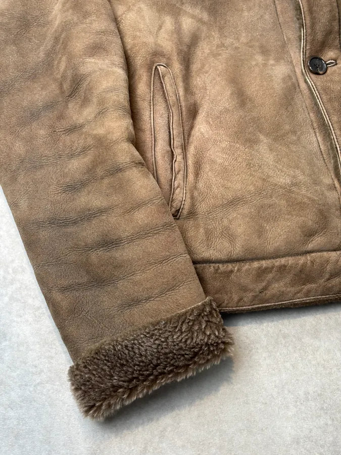 AW2004 Prada Taupe Suede Leather Shearling Collar Buttoned Jacket zuoywna 7