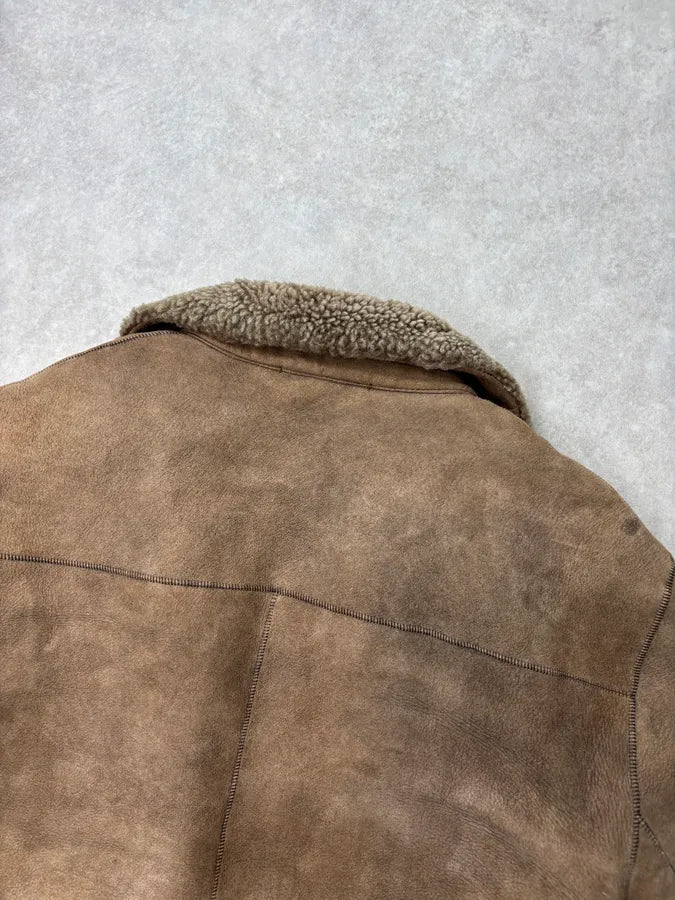 AW2004 Prada Taupe Suede Leather Shearling Collar Buttoned Jacket zuoywna 5