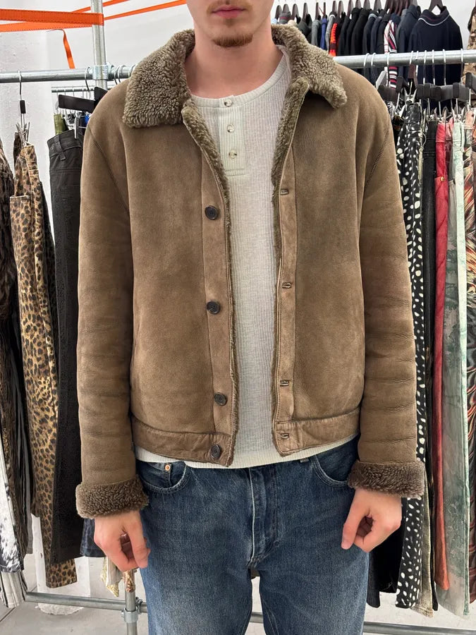 AW2004 Prada Taupe Suede Leather Shearling Collar Buttoned Jacket zuoywna 1