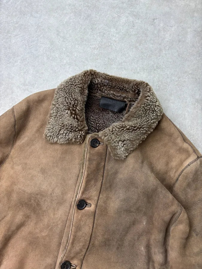 AW2004 Prada Taupe Suede Leather Shearling Collar Buttoned Jacket zuoywna 3
