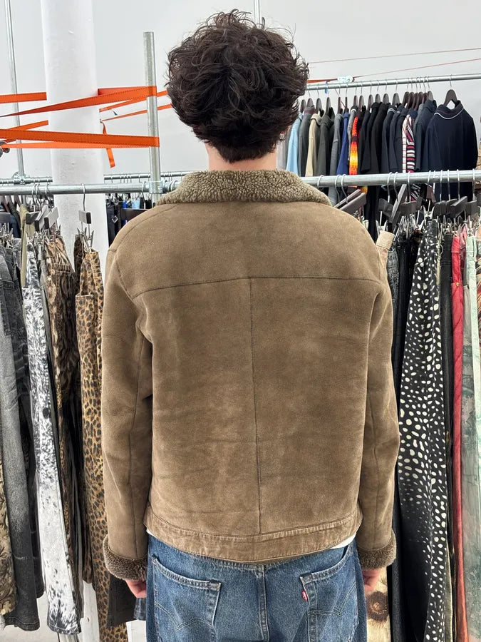 AW2004 Prada Taupe Suede Leather Shearling Collar Buttoned Jacket zuoywna 2