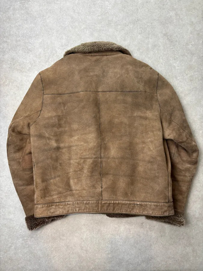 AW2004 Prada Taupe Suede Leather Shearling Collar Buttoned Jacket zuoywna 4