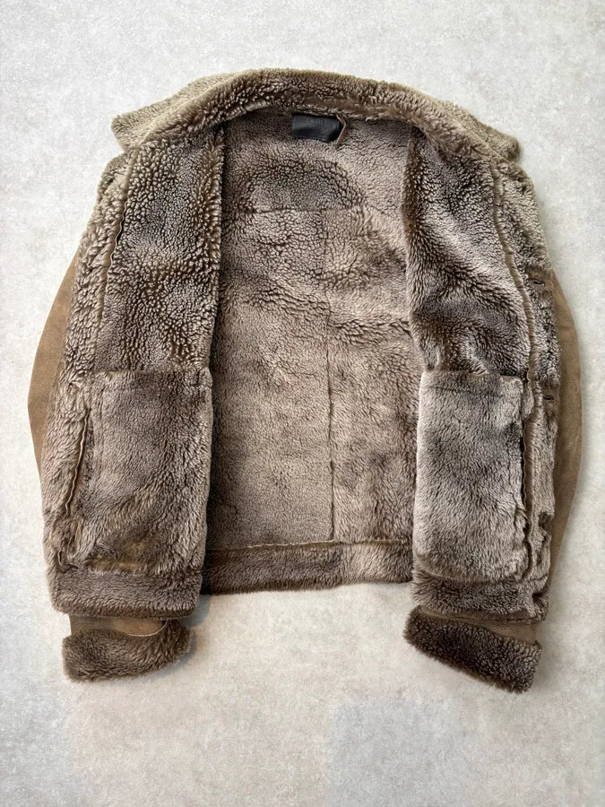 AW2004 Prada Taupe Suede Leather Shearling Collar Buttoned Jacket zuoywna 6