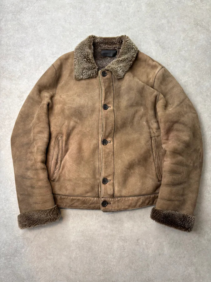 AW2004 Prada Taupe Suede Leather Shearling Collar Buttoned Jacket zuoywna 0