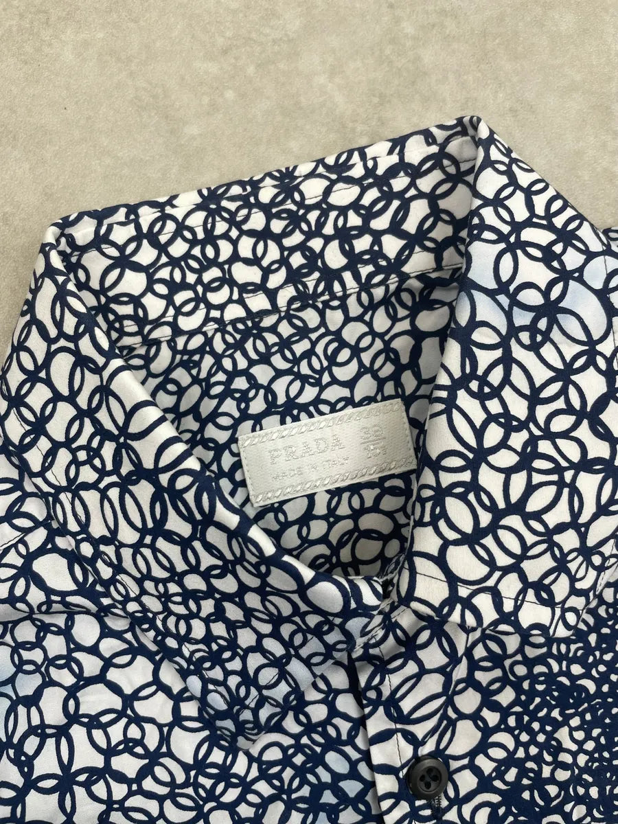 2000s Prada White & Navy Cotton Floral Shirt mUIXGVu 7