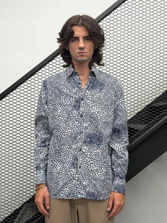 2000s Prada White & Navy Cotton Floral Shirt mUIXGVu 0