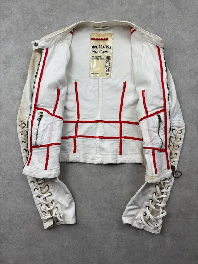 2000s Prada White Contrast Stitch Denim Jacket rvawfMT 6