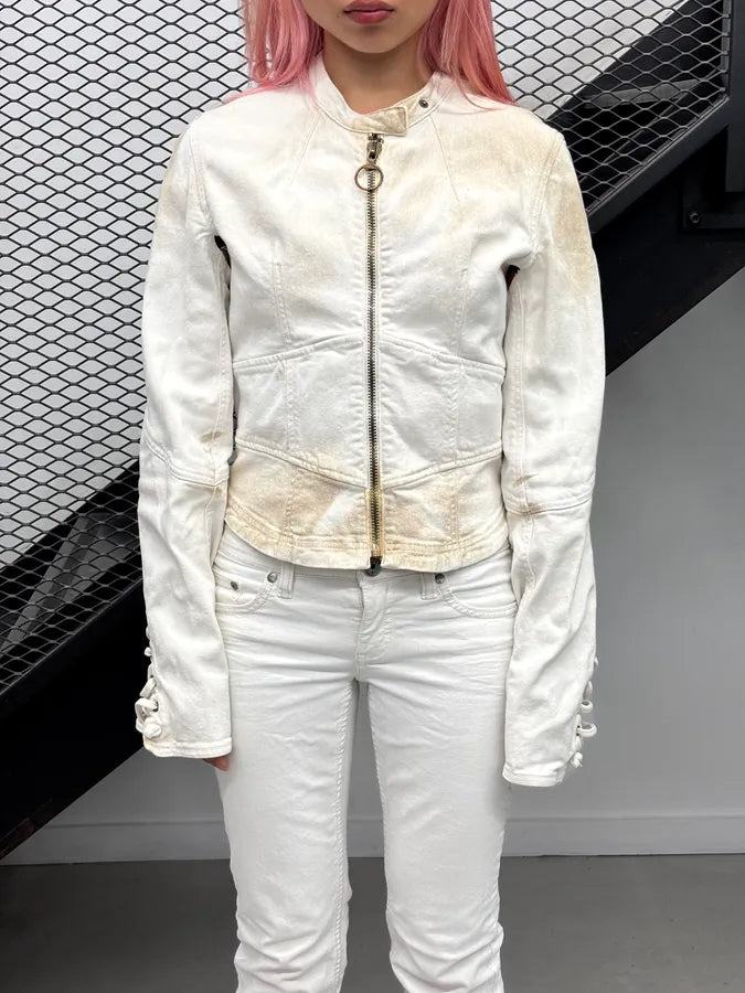 2000s Prada White Contrast Stitch Denim Jacket rvawfMT 1