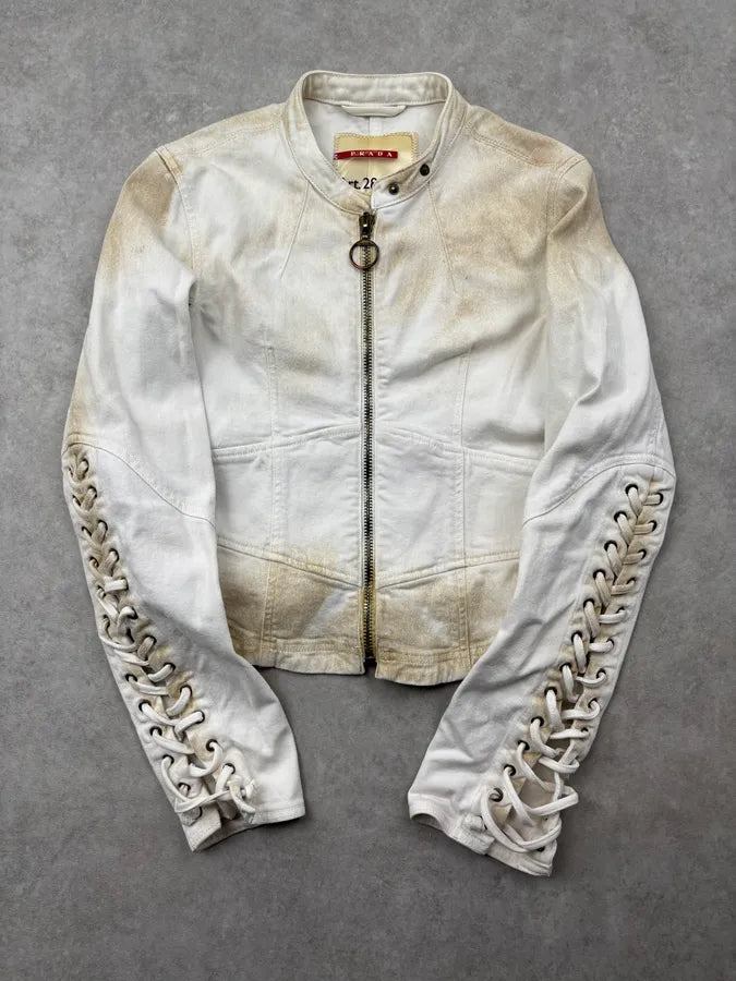 2000s Prada White Contrast Stitch Denim Jacket rvawfMT 0