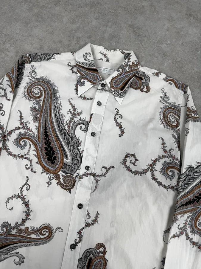 2000s Prada White Paisley Pattern Light Shirt WzcuZEl 4