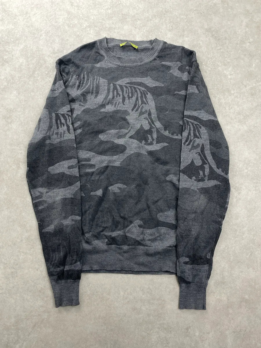 2010s Versace Grey Tiger Camo Jacquard Sweater pwYEJBPZ 0