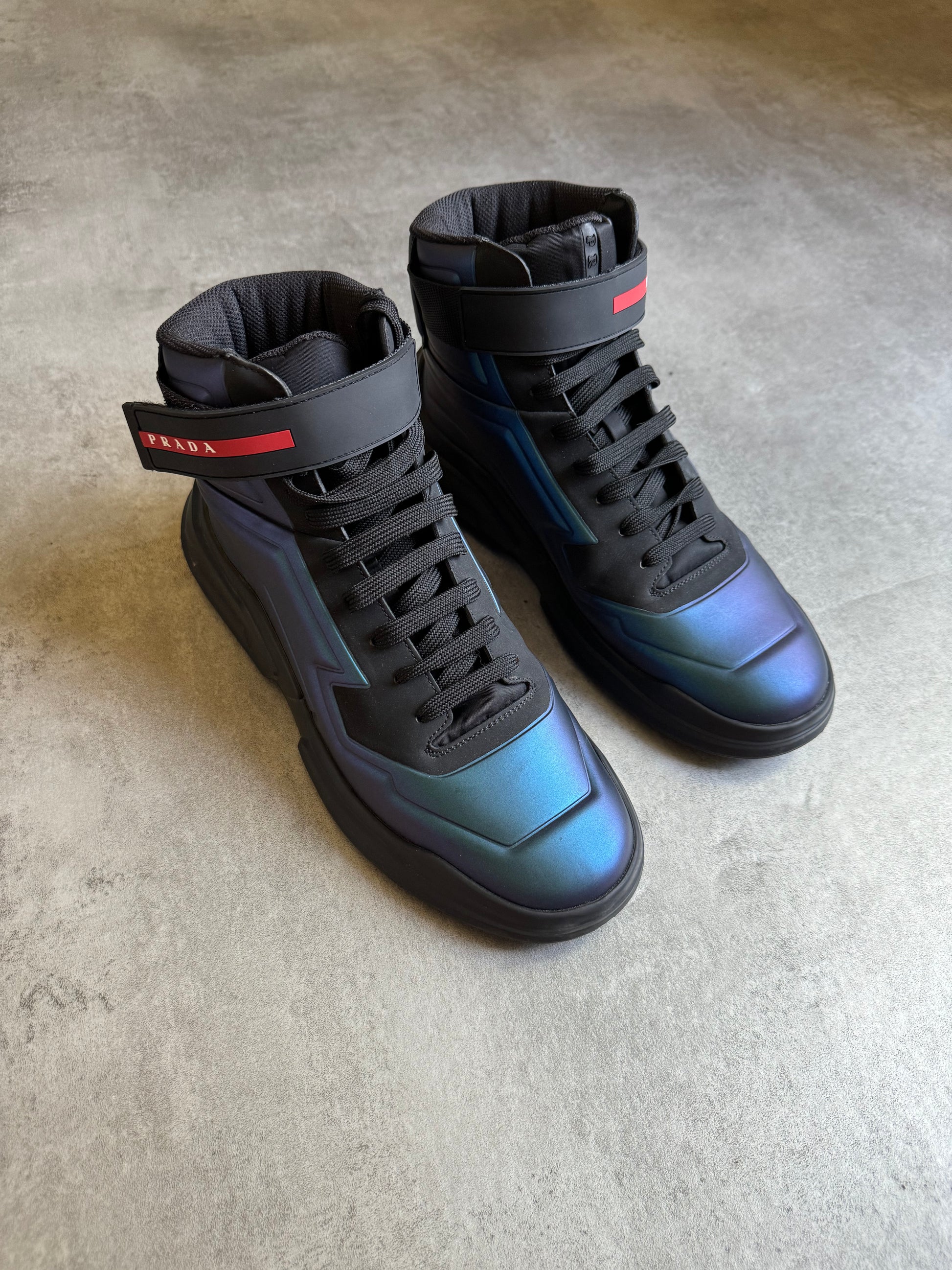 Prada Polarius Futuristic Black Iridescent High Top Sneakers (43) - 5