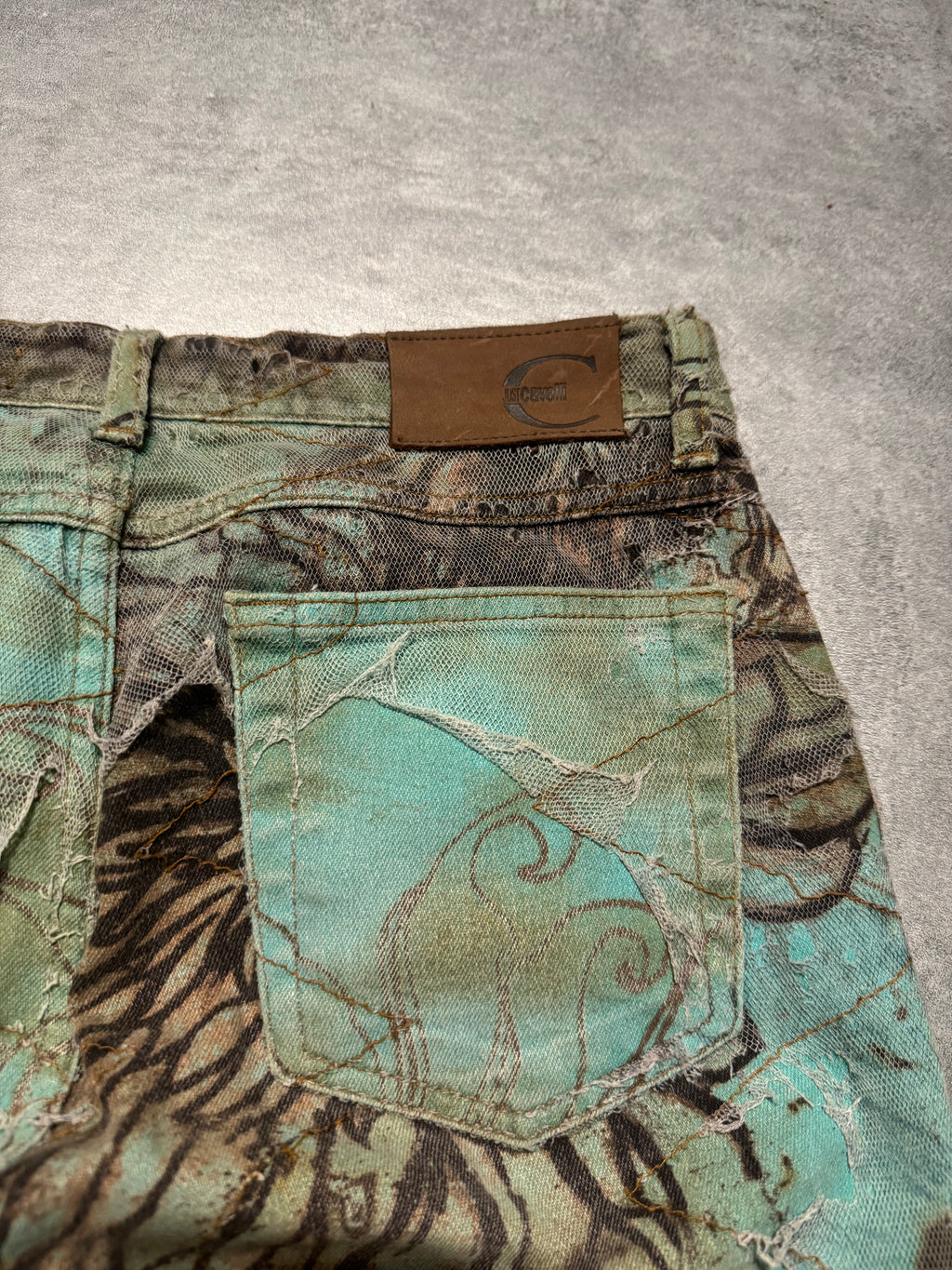2000s Cavalli Destructured Artistic Floral Blue Pants (S) - 4