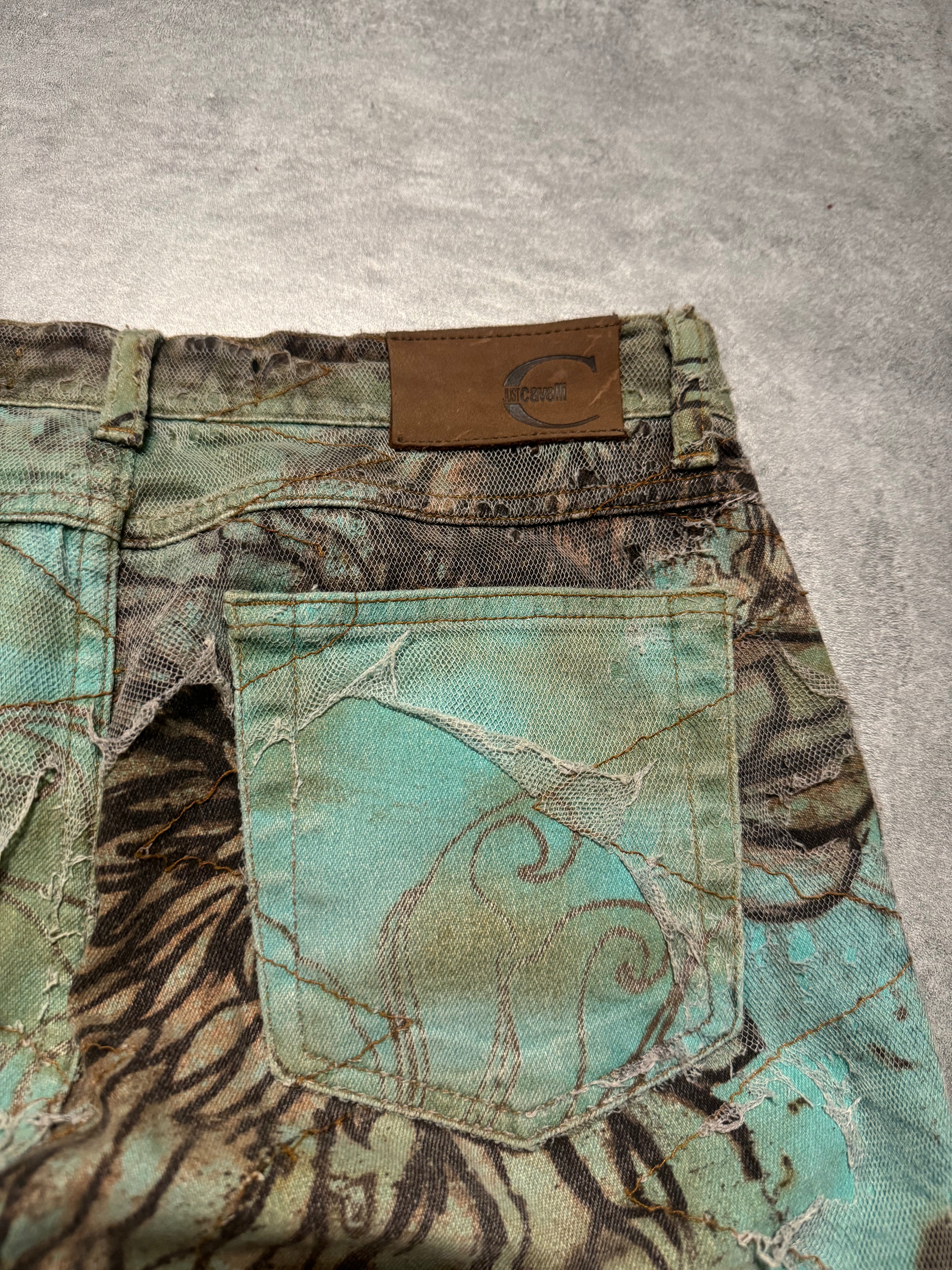 2000s Cavalli Destructured Artistic Floral Blue Pants (S) - 4