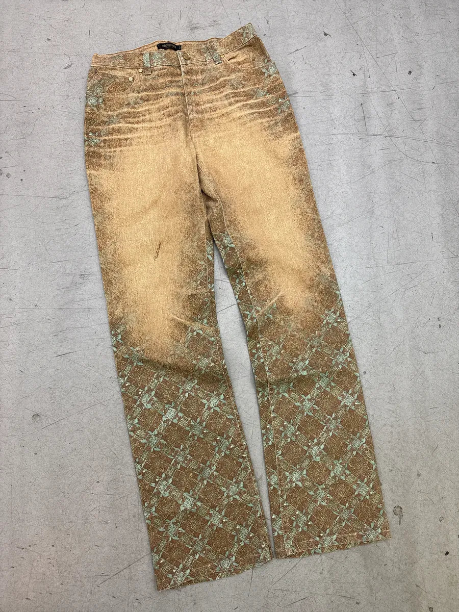 AW2002 Roberto Cavalli Golden Beige Abstract Jacquard Metallic Leg Pants qCiuUAIO 4