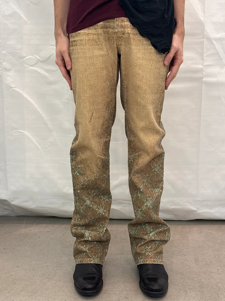 AW2002 Roberto Cavalli Golden Beige Abstract Jacquard Metallic Leg Pants qCiuUAIO 1