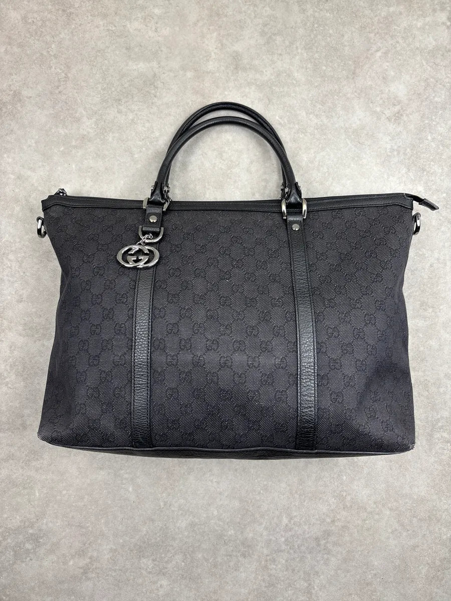 Gucci Black Canvas GG Monogram Double G Charm Totebag qDYSuKJn 0
