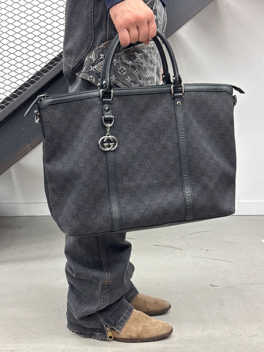 Gucci Black Canvas GG Monogram Double G Charm Totebag qDYSuKJn 1
