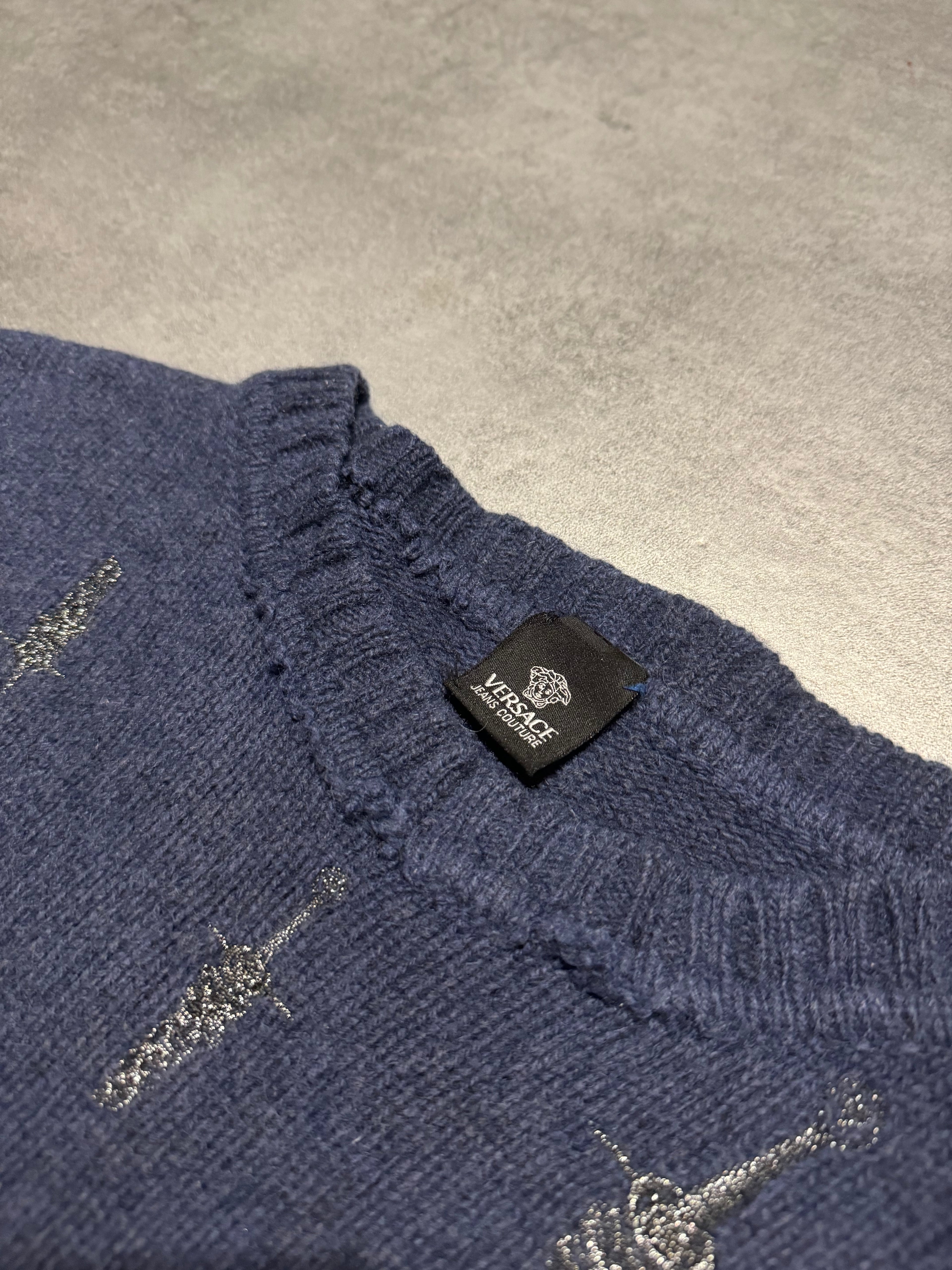 2000s Versace Navy Blue Gradient Sword Wool Sweater (L) - 4