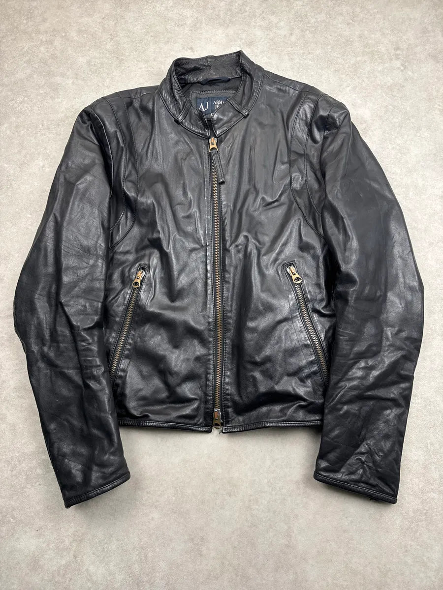 2000s Armani Black Leather Biker Quilted Panel Leather Jacket qbeodtgD 0
