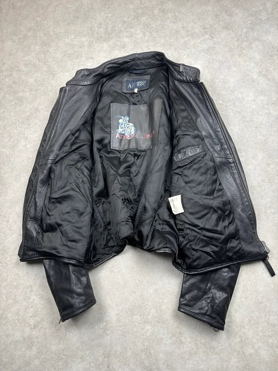 2000s Armani Black Leather Biker Quilted Panel Leather Jacket qbeodtgD 5