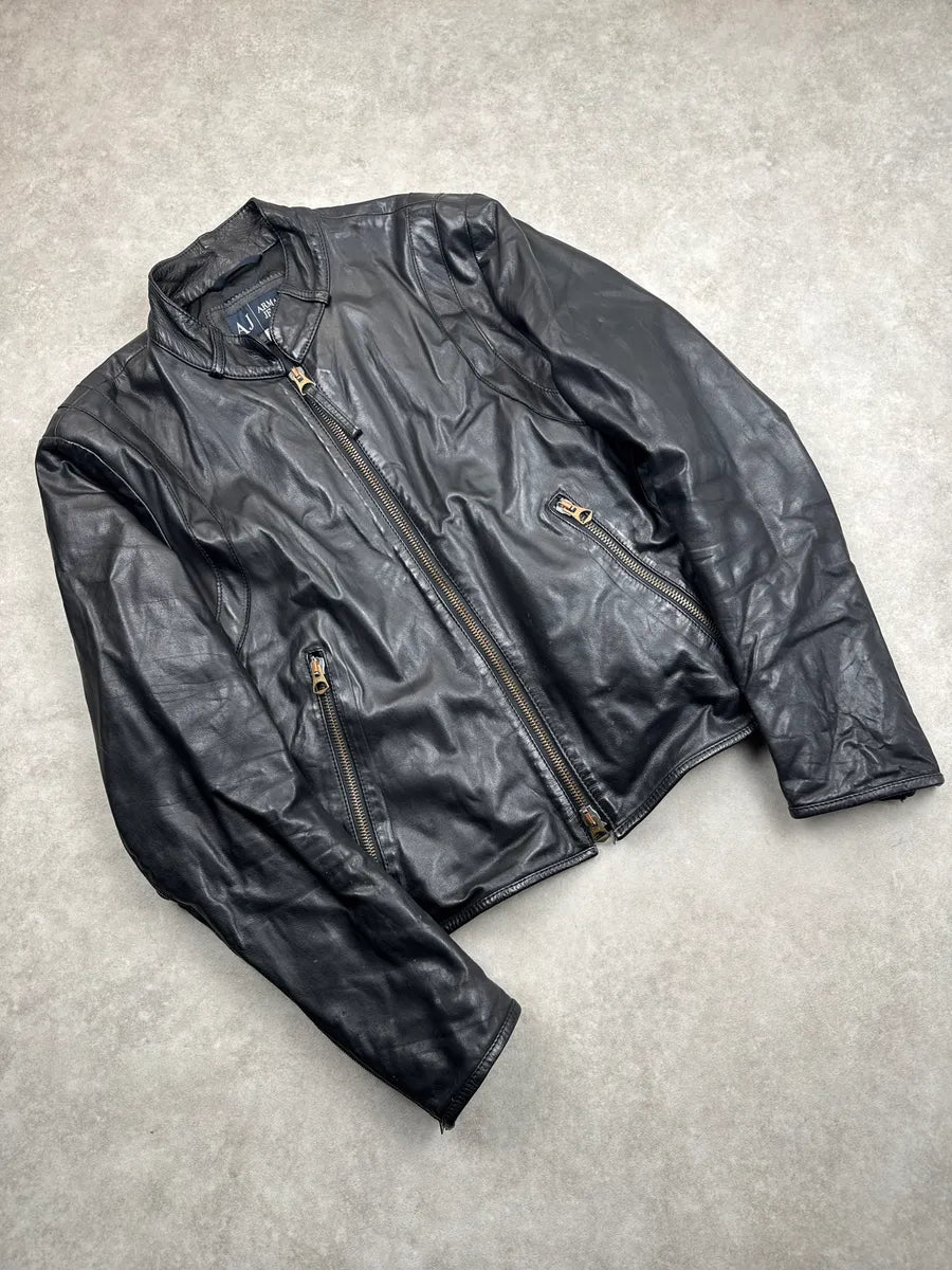 2000s Armani Black Leather Biker Quilted Panel Leather Jacket qbeodtgD 3